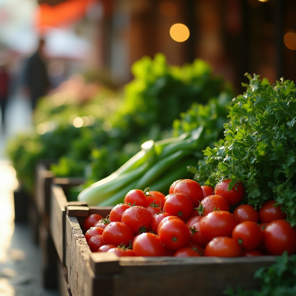 Cajas de hortalizas variadas en un puesto de mercado al aire libre