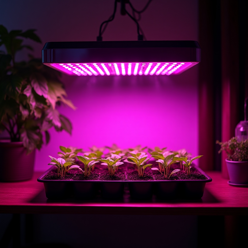 Luminaria LED de espectro completo iluminando plantones jóvenes en interior