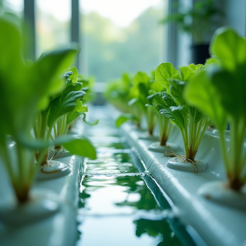 Canales de cultivo hidropónico NFT con lechugas en distintas etapas de crecimiento