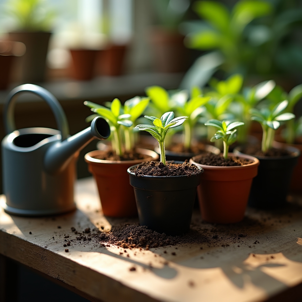 Macetas con sustrato y plántulas jóvenes en bandeja de germinación